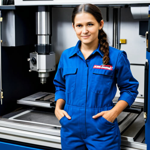 Home 11 **
"A skilled female machinist, fully clothed in a professional blue jumpsuit, standing in front of a Haas CNC milling machine in a bright, clean workshop, appropriate attire, safe for work, perfect anatomy, natural proportions, professional photograph, high quality, modest, family-friendly, well-formed hands, proper finger count, natural body proportions. The machinist is holding a precision measuring tool."
**
