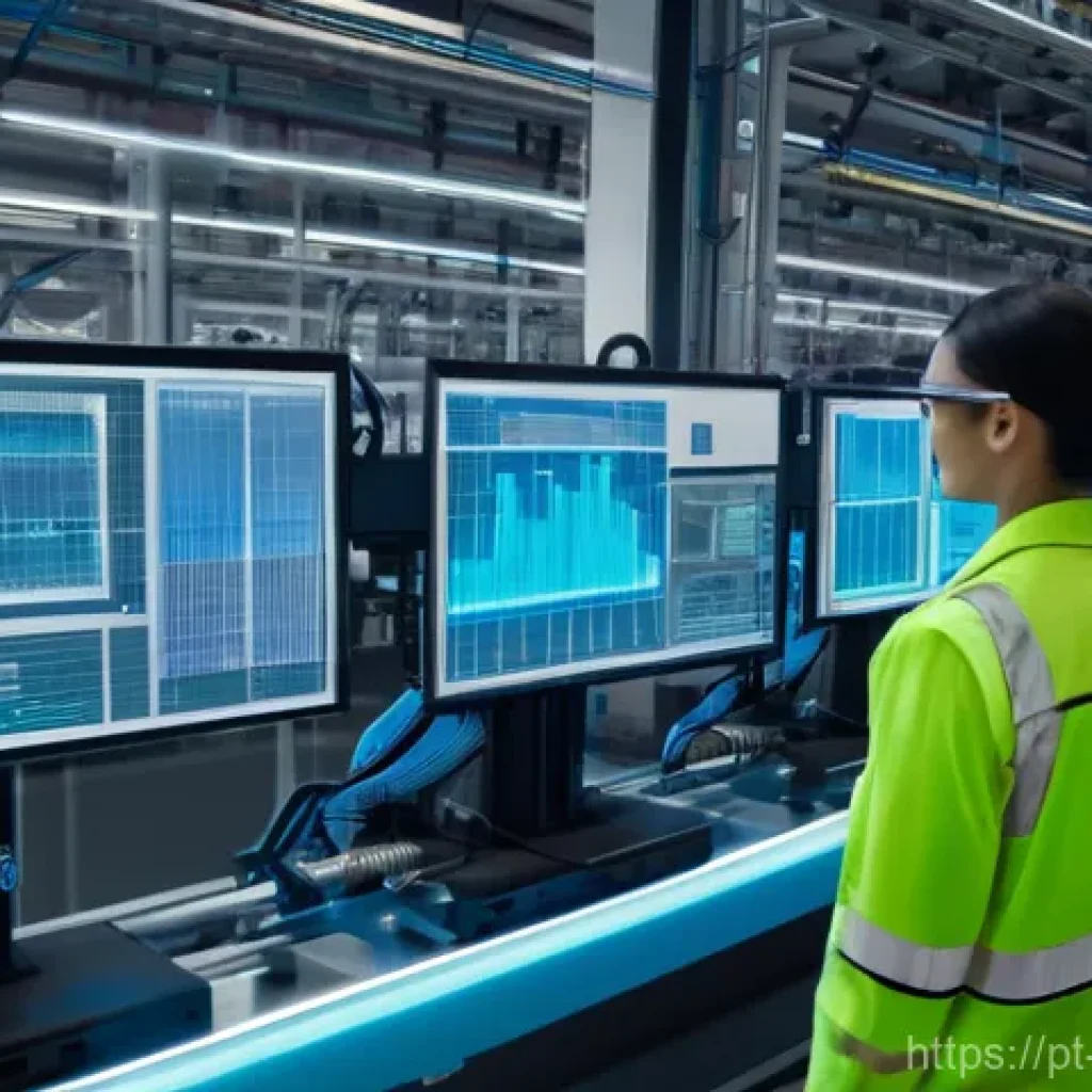 기계가공 업무 효율화 사례 - **Prompt:** "A brightly lit, futuristic factory floor bustling with activity. Sleek, industrial robo...