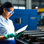 기계가공 현업 업무 일지 작성법 - A skilled Brazilian industrial operator, male or female, wearing a clean, professional work uniform,...