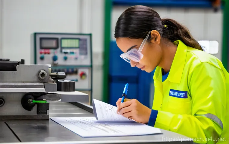 기계가공 현업 업무 일지 작성법 - A skilled Brazilian industrial operator, male or female, wearing a clean, professional work uniform,...