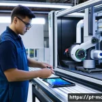 기계가공 실기 기출 문제 풀이 - 0 Integration"**
A futuristic, clean, and brightly lit smart factory floor. In the foreground, a mal...