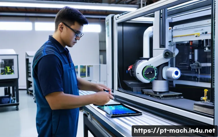 기계가공 실기 기출 문제 풀이 - 0 Integration"**
A futuristic, clean, and brightly lit smart factory floor. In the foreground, a mal...