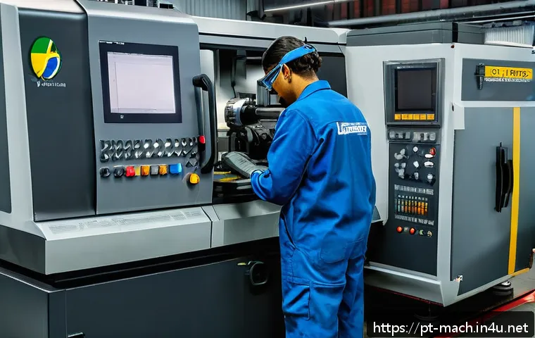 기계가공 연봉 협상 전략 - A skilled CNC machining technician working attentively in a modern Brazilian industrial workshop, we...