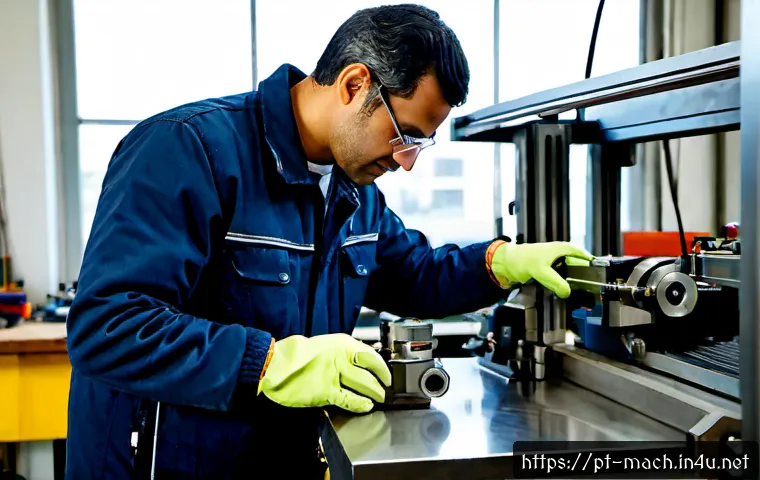Home 17 기계가공 이직 성공 전략 - Photorealistic Portuguese CNC machinist in a clean modern metalworking workshop, wearing safety glas...