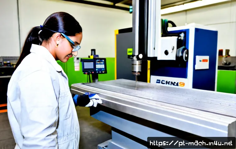 Home 17 기계가공 CNC 밀링 실습 후기 - Photorealistic CNC milling workshop practice in Portugal, adult trainee wearing safety glasses, ear ...