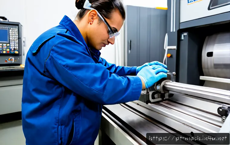 기계가공 CNC 선반 사용법 - Photorealistic CNC lathe training scene in a modern Portuguese machine shop, an adult machinist wear...